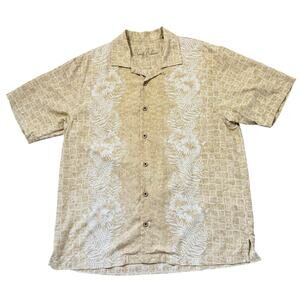Tommy Bahama Men's XL 100% Silk Hawaiian Camp Shirt Tan Floral Tropical Aloha